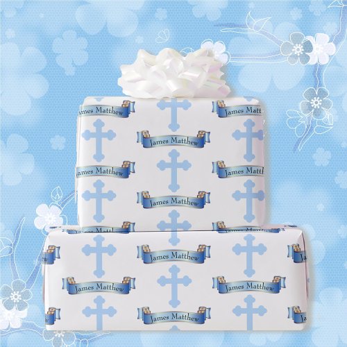 Confirmation or Baptism Boys Name Blue Cross Wrapping Paper