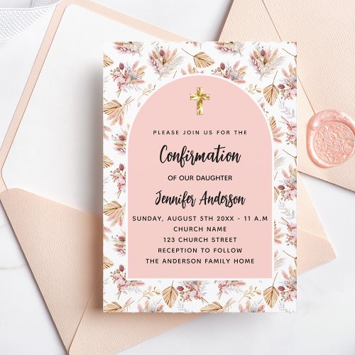 Confirmation pampas flowers rose gold luxury invitation