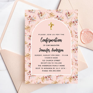 Confirmation pampas grass flowers rose gold boho invitation