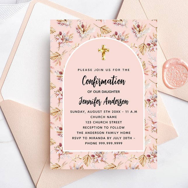 Confirmation pampas grass flowers rose gold boho invitation postcard (Creator Uploaded)