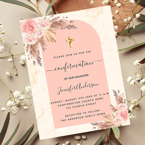 Confirmation pampas grass marble rose gold blush invitation postcard