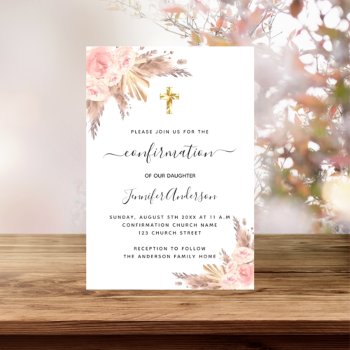 Confirmation Pampas Grass Rose Gold Blush Pink Invitation by Thunes at Zazzle