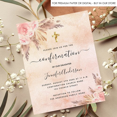 Confirmation pampas grass rose gold blush pink invitation postcard