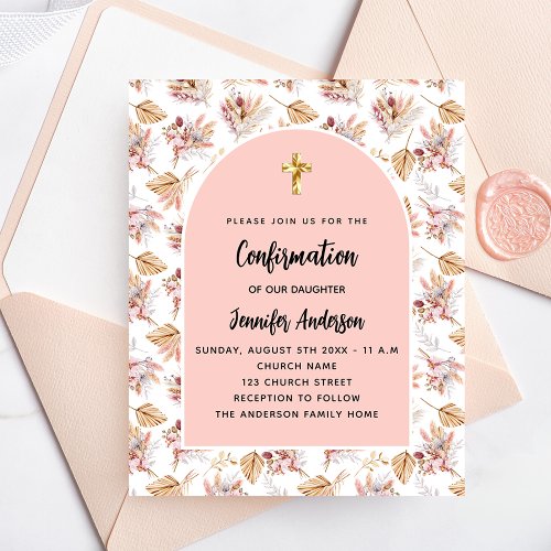 Confirmation pampas rose gold floral invitation flyer
