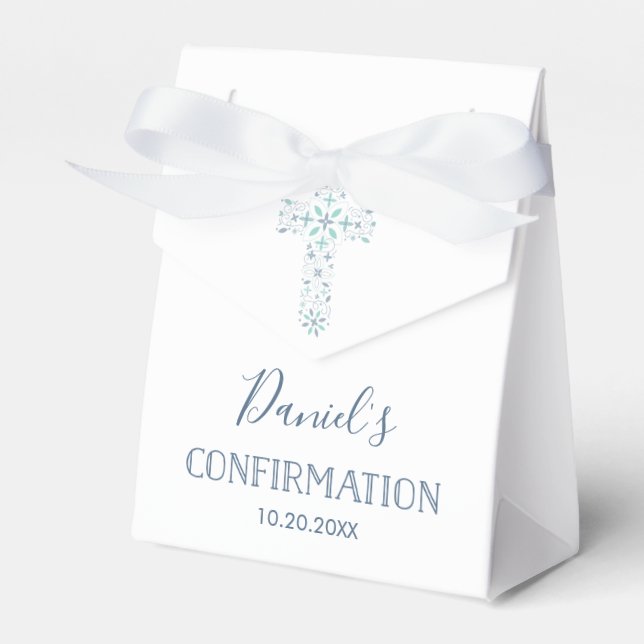 Confirmation Party Favor Box - Blue, Green Cross (Front Side)