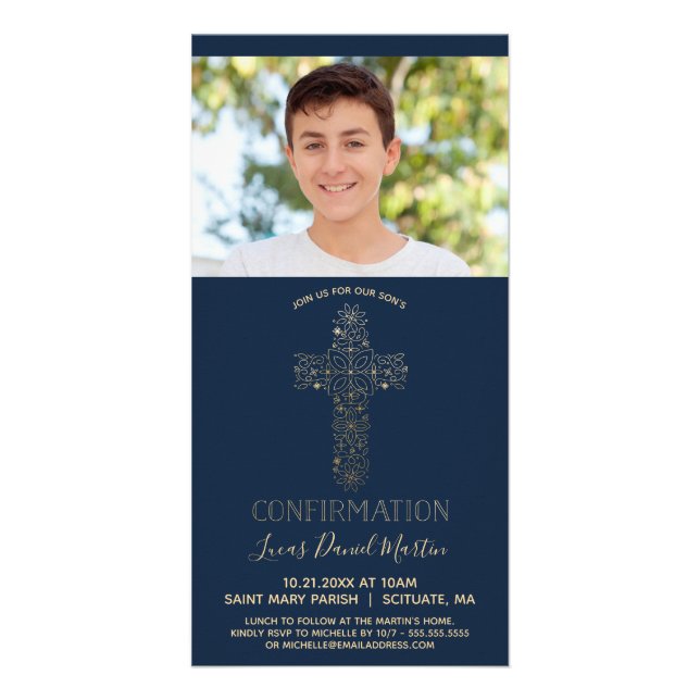 Confirmation Photo Card, Boy's Custom; Gold Cross Card (Front)