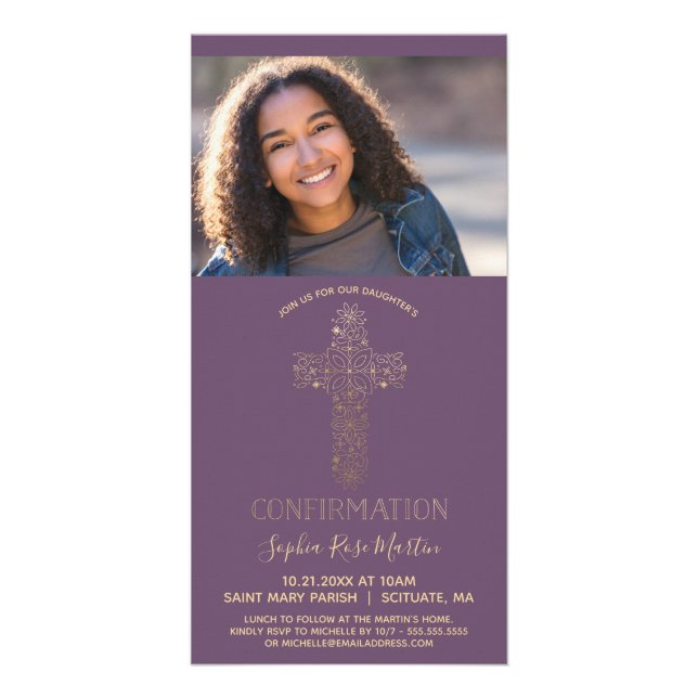 Confirmation Photo Card, Girl's Custom; Gold Cross Card (Front)