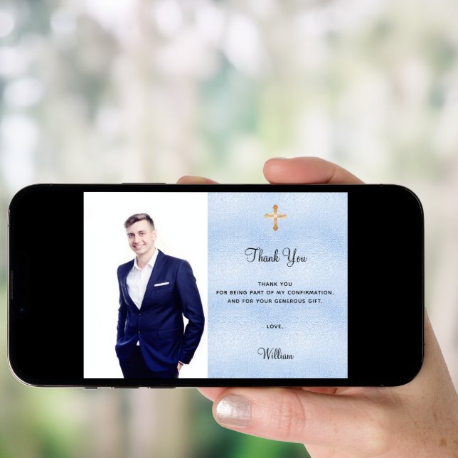 Confirmation photo cross blue boy thank you card (Front Digital)