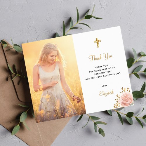 Confirmation photo cross floral thank you card