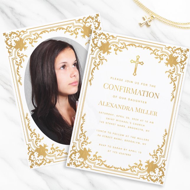 Confirmation Photo Faux Gold Foil Vintage Elegant  Invitation (Creator Uploaded)