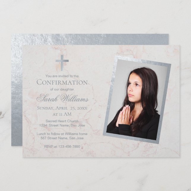 Confirmation Photo Faux Silver White Marble Script Invitation (Front/Back)