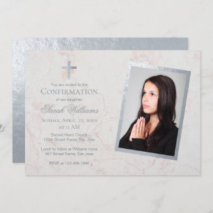 Confirmation Photo Faux Silver White Marble Script Invitation