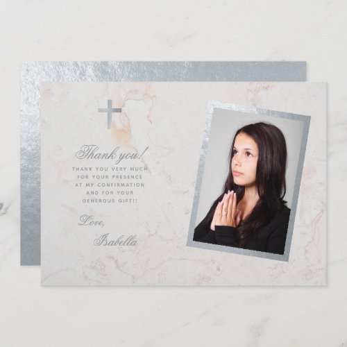 Confirmation Photo Faux Silver White Marble Script Thank You Card