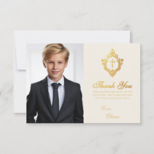 Confirmation Photo Gold Cross Crest Ivory Elegant  Thank You Card