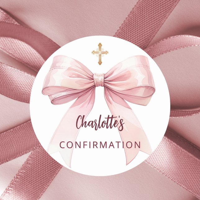 Confirmation pink bow girl cross classic round sticker (Creator Uploaded)