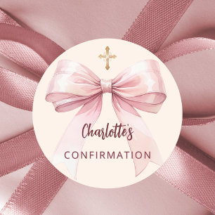 Confirmation pink bow girl cross cream classic round sticker