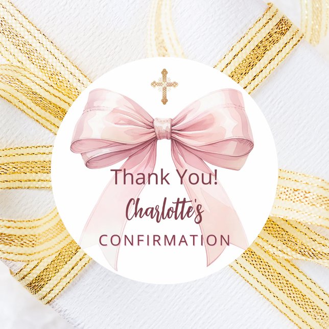 Confirmation pink bow girl cross thank you classic round sticker (Creator Uploaded)