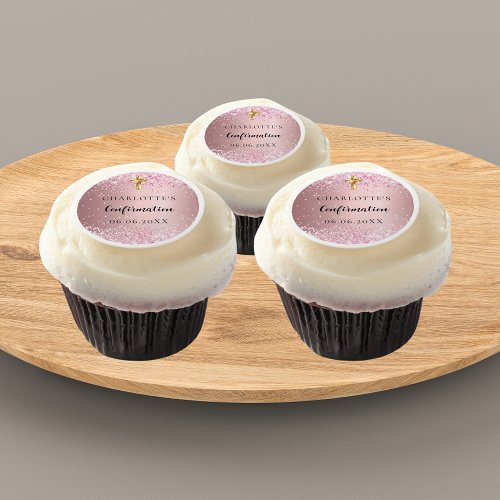 Confirmation pink confetti name girl edible frosting rounds