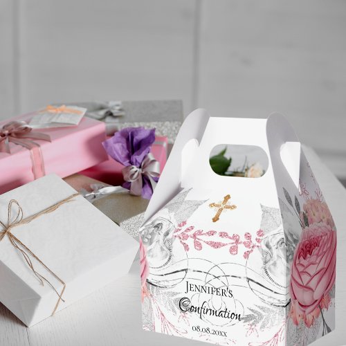Confirmation pink floral silver modern girl favor boxes