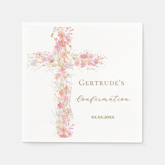 Confirmation pink flowers cross napkins (Front)