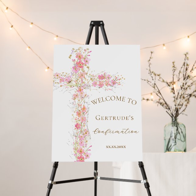 Confirmation pink flowers cross welcome sign (In Situ (Stand))