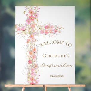 Confirmation pink flowers cross welcome sign