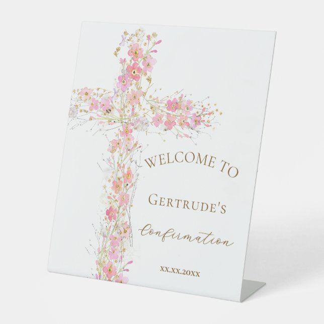 Confirmation pink flowers cross welcome sign (Front)