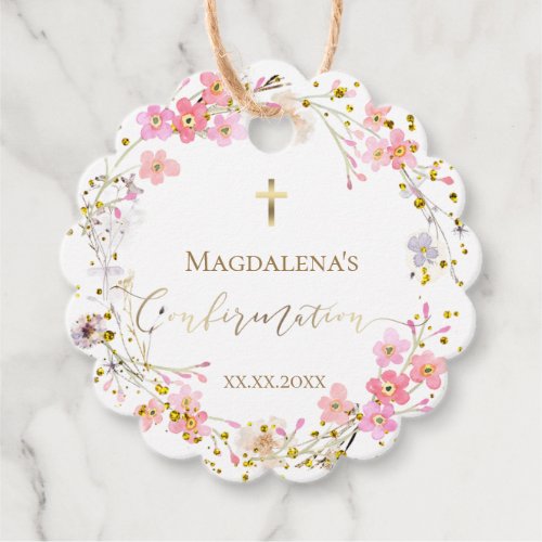 Confirmation pink flowers favor tags