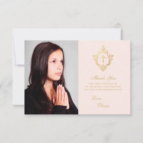 Confirmation Pink Gold Crest Girl Photo Vintage Thank You Card