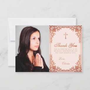 Confirmation Pink Rose Gold Girl Photo Elegant Thank You Card