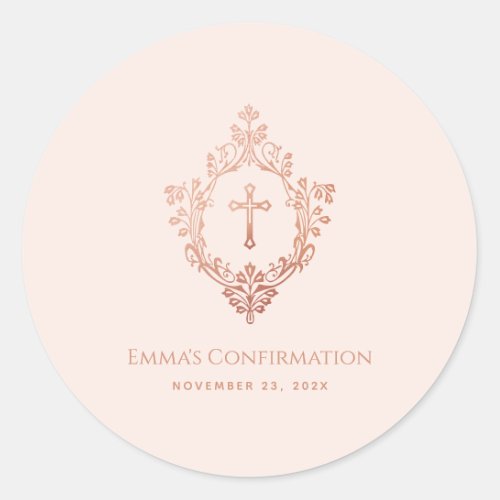 Confirmation Pink Rose Gold Vintage Cross in Crest Classic Round Sticker