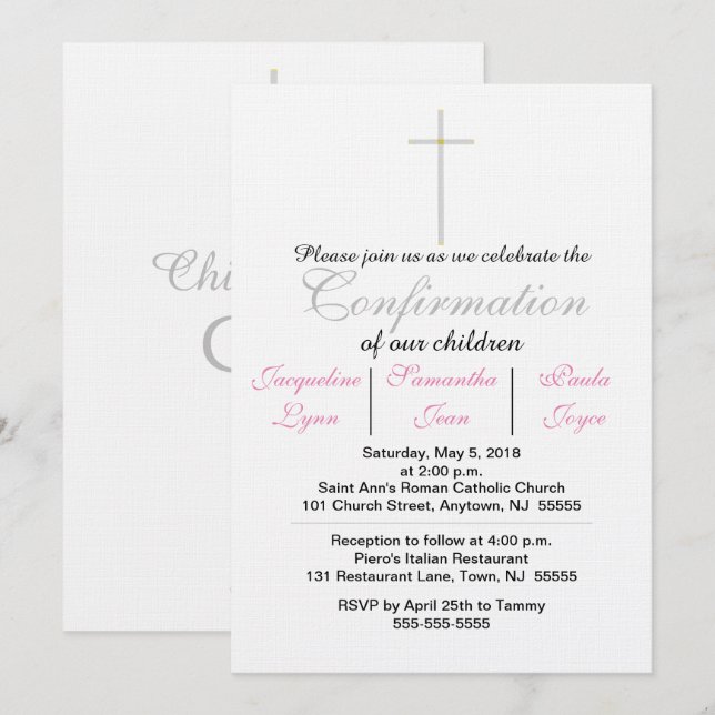 Confirmation Pink Triplets Invitations (Front/Back)