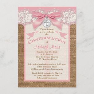 Confirmation PRINTED BOW & CHARM Burlap Lace Invitation