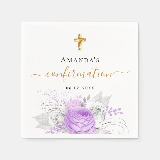 Confirmation purple floral white name girl napkins (Front)