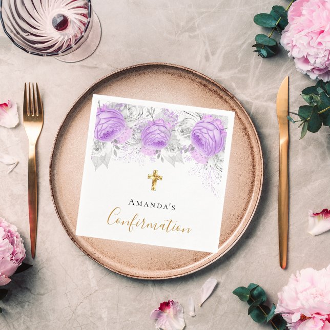 Confirmation purple violet floral white name girl napkins (Creator Uploaded)