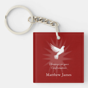 Confirmation Religious Red Dove Rays Design Keychain