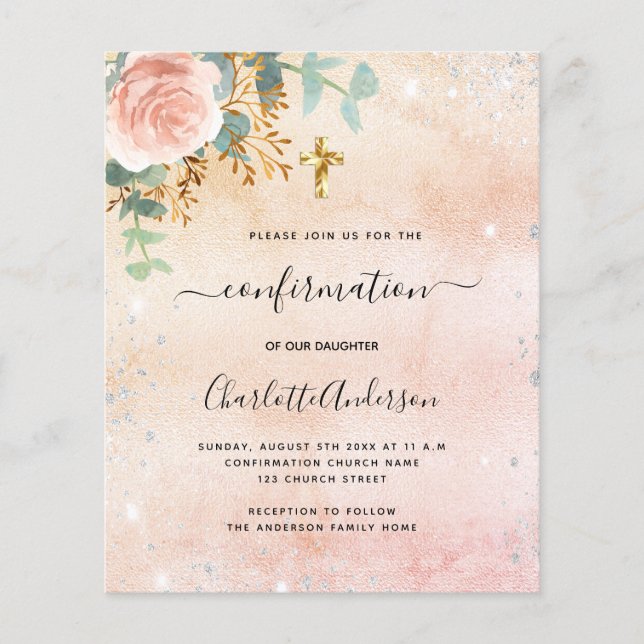 Confirmation rose floral eucalyptus invitation (Front)