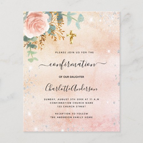 Confirmation rose floral eucalyptus invitation