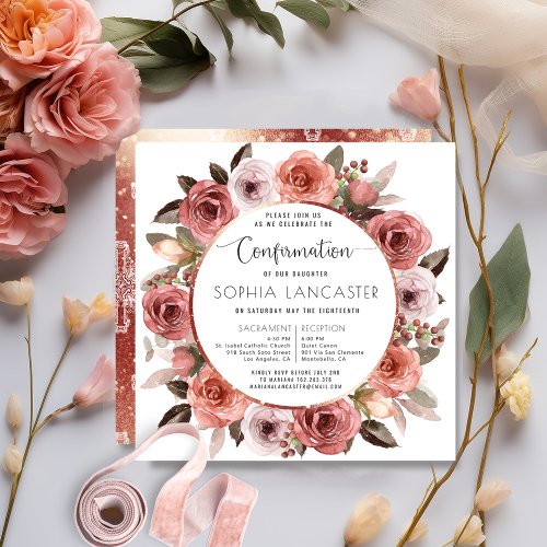 Confirmation Rose Gold and Blush Floral Invitation