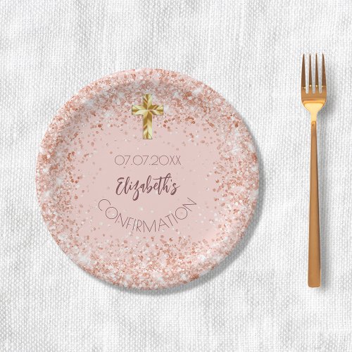 Confirmation rose gold confetti girl name paper plates