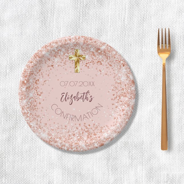 Confirmation rose gold confetti girl name paper plates (Creator Uploaded)