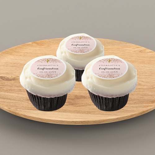 Confirmation rose gold confetti name girl edible frosting rounds