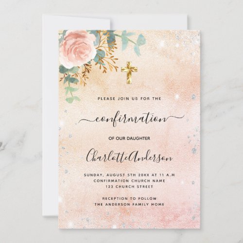 Confirmation rose gold floral eucalyptus  invitation