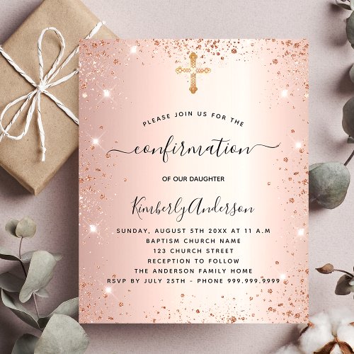 Confirmation rose gold glitter budget invitation flyer
