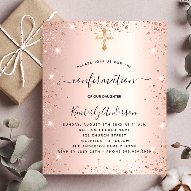 Confirmation rose gold glitter budget invitation flyer (Creator Uploaded)