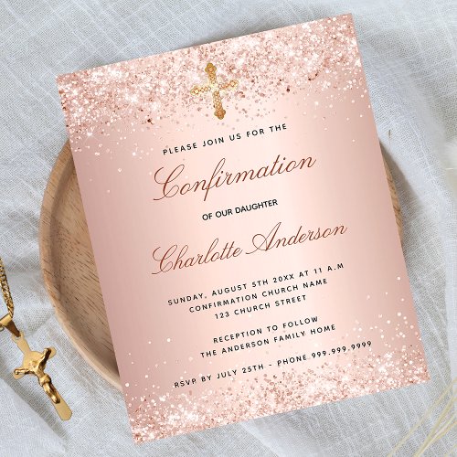 Confirmation rose gold glitter budget invitation flyer