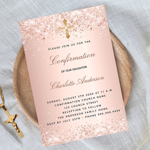 Confirmation rose gold glitter cross girl invitation postcard