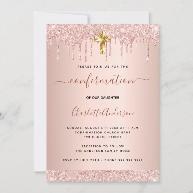 Confirmation rose gold glitter drips girl invitation (Front)