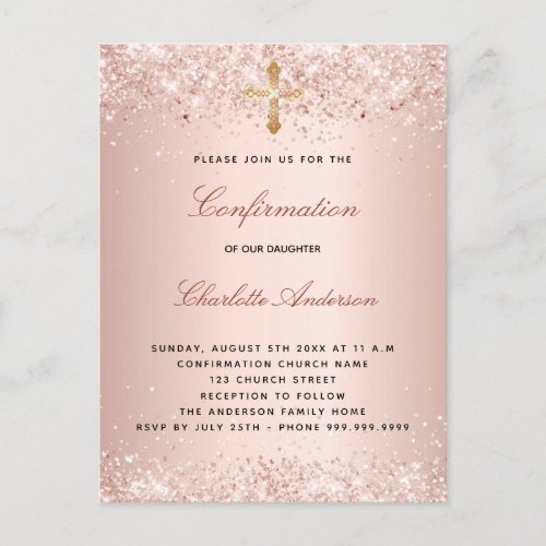 Confirmation rose gold glitter dust cross invitation postcard