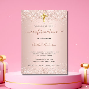 Rose gold glitter pink ombre white confirmation invitation, Zazzle